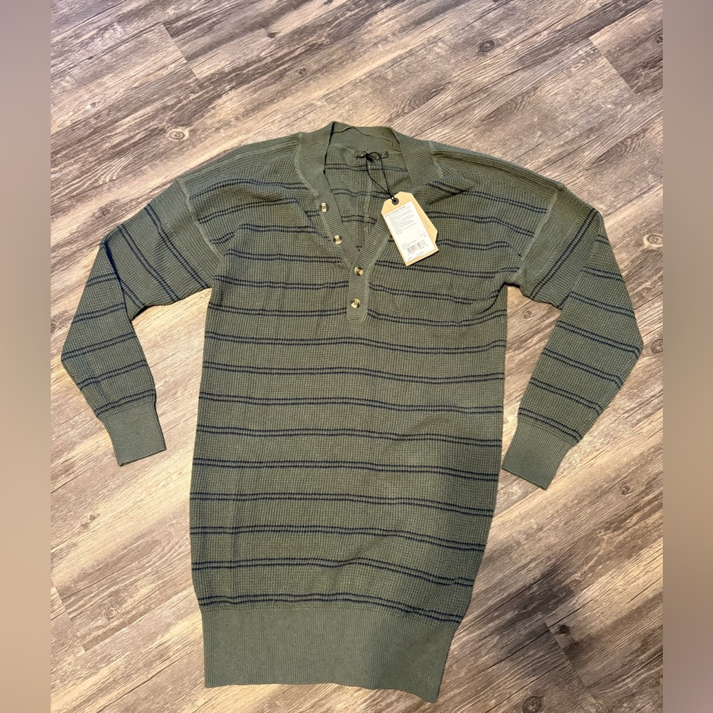 NWT Prana Navy Striped Waffle Knit Henley Dolman Sleeve Sweater Dress MSRP $109